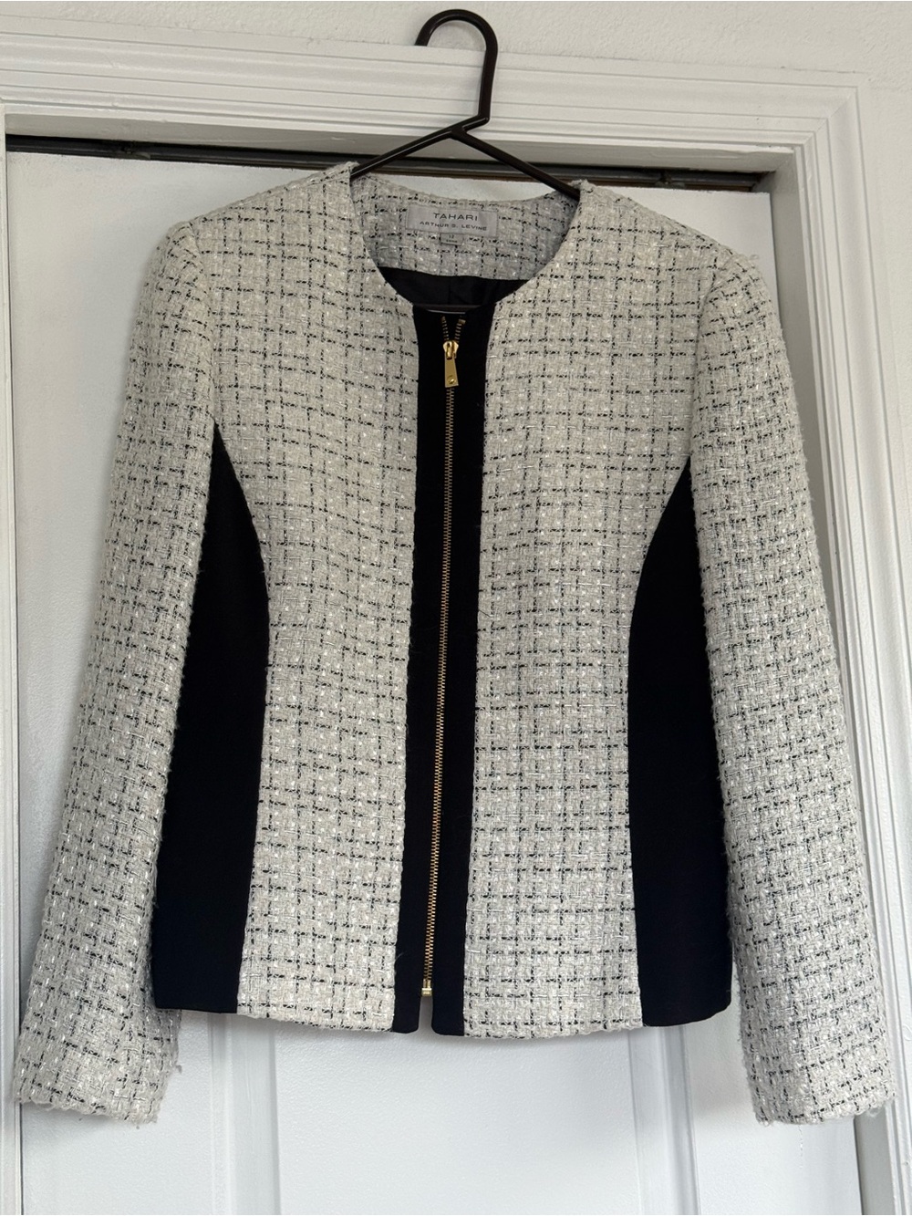 Tahari Cream Tweed Jacket with Black Side Panels & Gold Zip